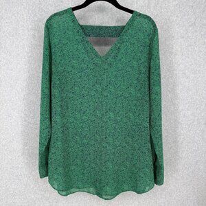 Cabi Womens Bountiful Blouse Size M Green Navy Ditsy Floral Sheer Style 5208 EUC